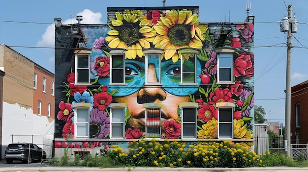 オタワで眼鏡をかぶった女性を描いた花の超現実的な建物の壁画