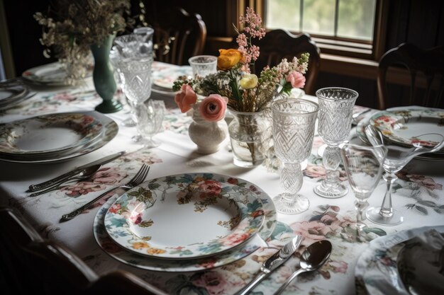 Floral table setting with china silverware and glasses created with generative ai