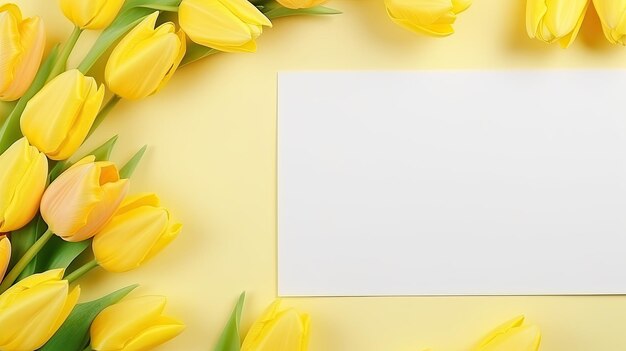 Floral themed template with blank mockup cards and colorful tulip bouquet