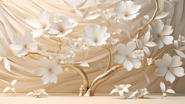 Floral tree with white flower leaves and golden stem Generative AI