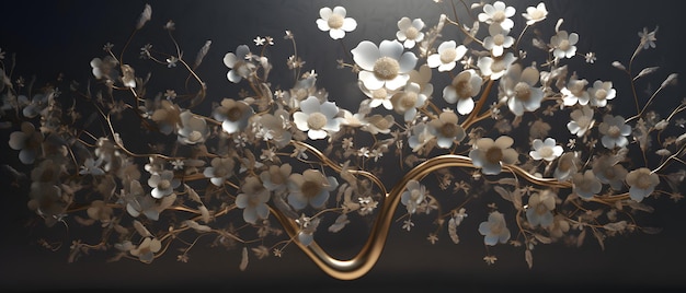 Photo floral tree with white flower leaves and golden stem generative ai