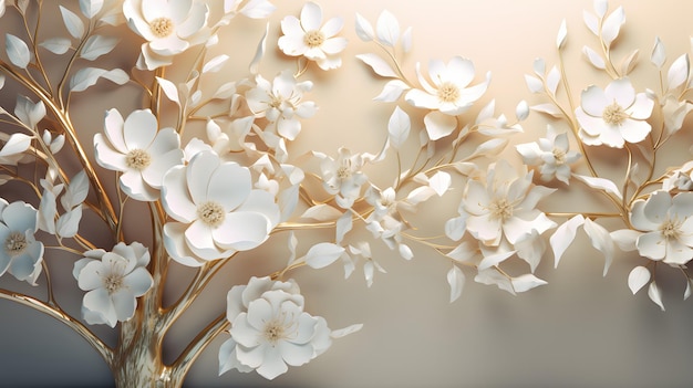 Цветочное дерево с белыми цветочными листьями и золотым стеблем Generative AI