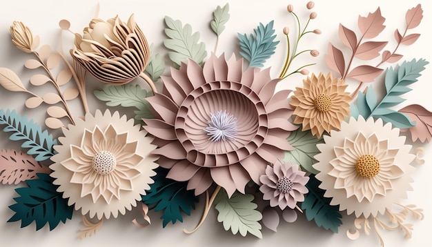 3 d 紙の花と花のトレンディな抽象的な背景