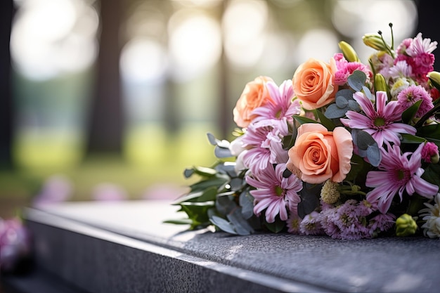 Фото Цветочная дань уважения на могиле на кладбище