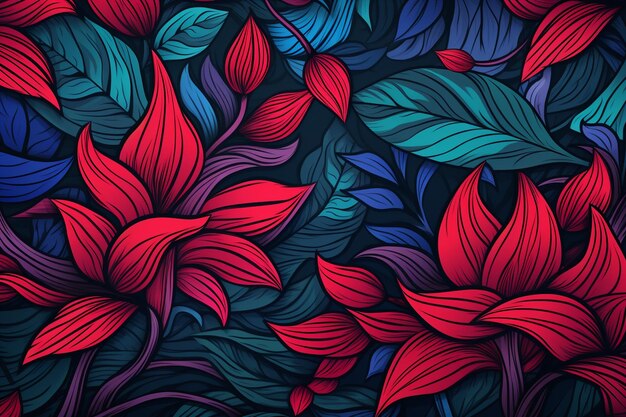 Photo floral tropical background made with leaves and blue and red lig