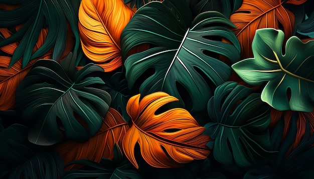植物の葉の背景にある熱帯の花のパターン