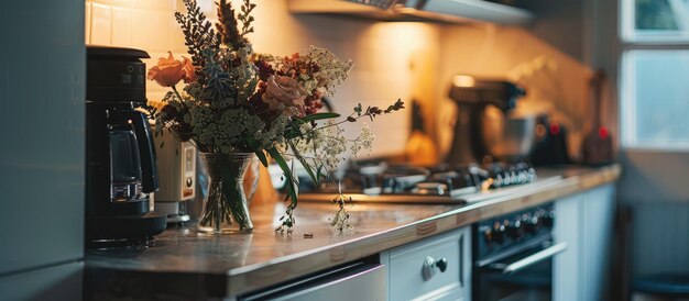 Photo floral vase beside the stove