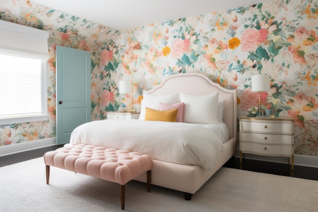 Floral wallpaper in bedroom with white furniture created with generative ai