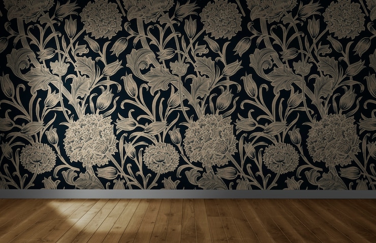 Photo floral wallpaper in an empty room with wooden floor