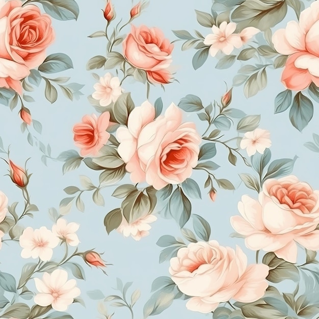 A floral wallpaper that is blue and pink with a pink flower on it.