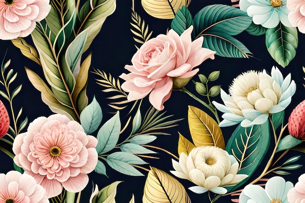 A floral wallpaper that is blue and pink.