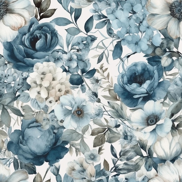 a floral wallpaper with green and white flowers and leaves on a white  background with a blue center piece in the middle of the wall generative  ai Stock Illustration  Adobe Stock