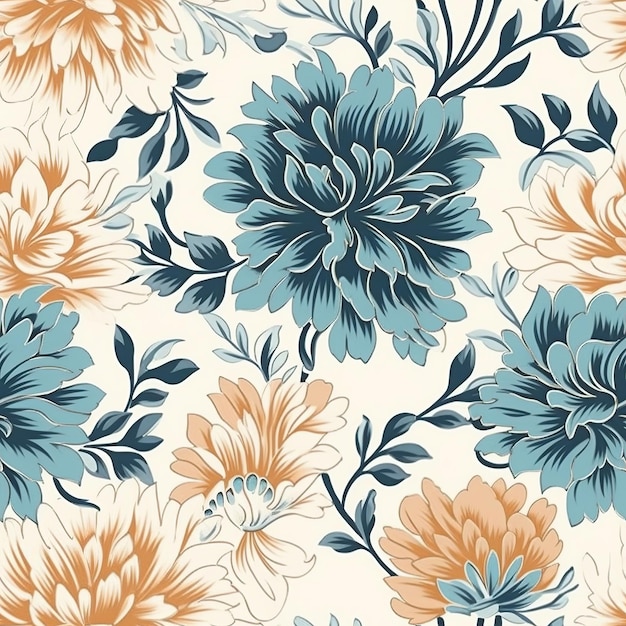 A floral wallpaper that is printed with a blue and orange flower.