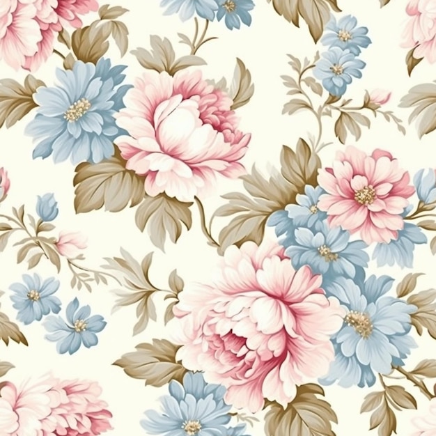 Photo a floral wallpaper that is printed with a pink and blue color.