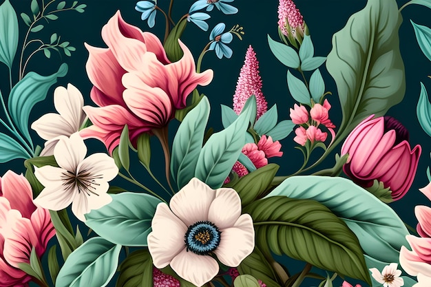 A floral wallpaper with a blue background and a pink flower.