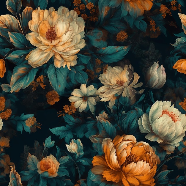 A floral wallpaper with a blue background and a white and orange flowers.