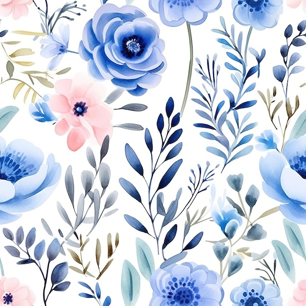 a floral wallpaper with blue flowers and leaves