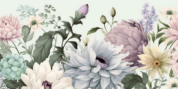 A floral wallpaper with a bouquet of flowers and a green leaf.