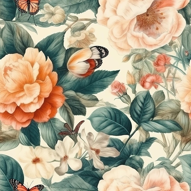 A floral wallpaper with a butterfly on it.