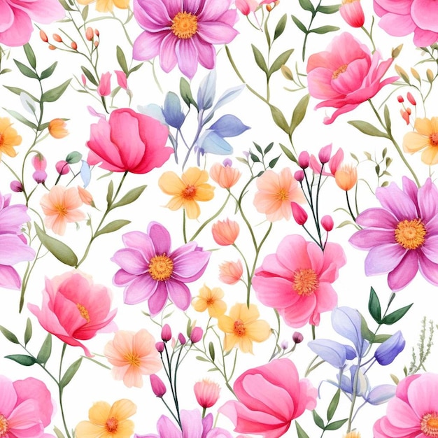 A floral wallpaper with colorful flowers and leaves.