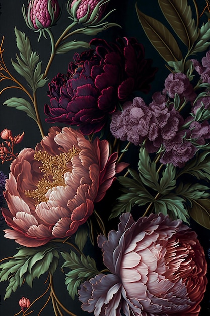 A floral wallpaper with a dark background and a red flower on the left.