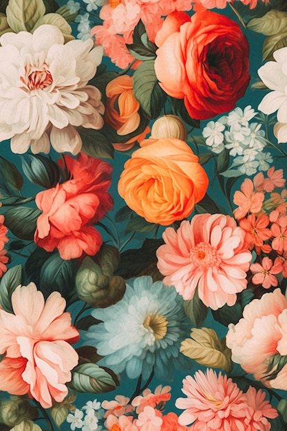 A floral wallpaper with a floral pattern in orange, pink, and green.