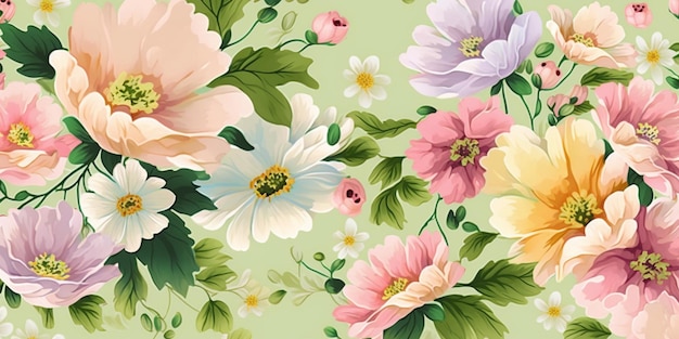 A floral wallpaper with a green background and a pink flower.