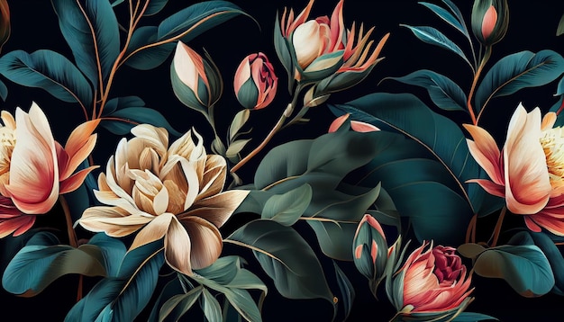 A floral wallpaper with a large flower and leaves.