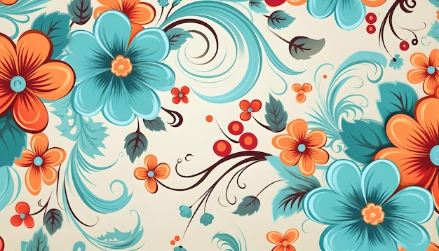 Floral wallpaper with a mix of blue orange and red flowers