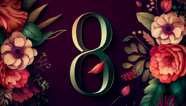 Floral Wallpaper with Number 8 copyspace Botanical Design to Celebrate International Women's Day Generative AI