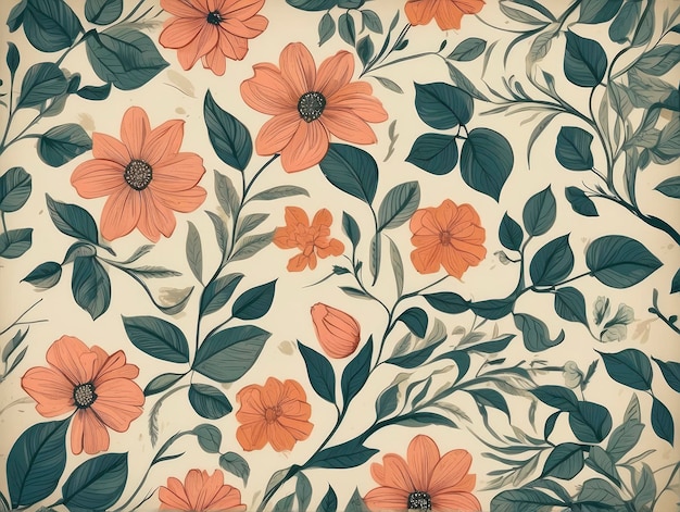 a floral wallpaper with orange flowers and green leaves on a white background
