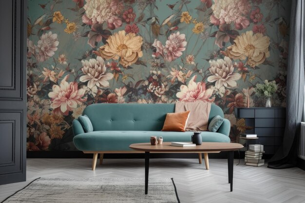 Floral wallpaper with pattern of your choice in modern living room created with generative ai