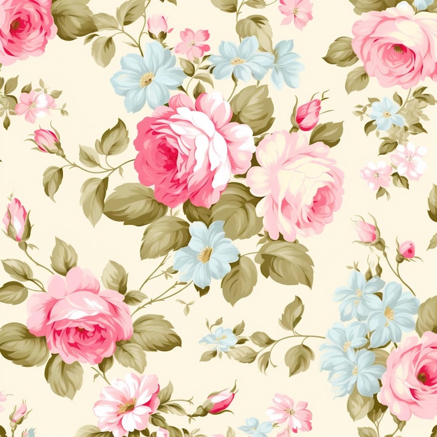 a floral wallpaper with pink and blue flowers.