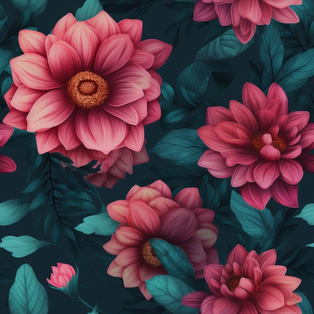 A floral wallpaper with a pink flower and leaves on it.