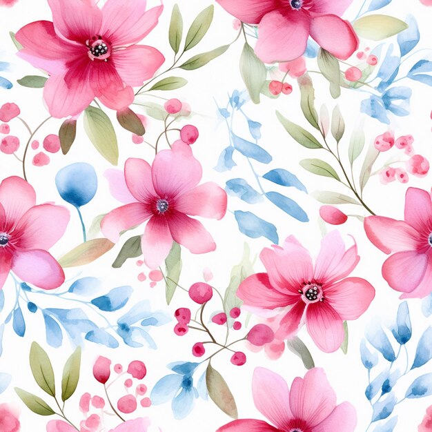 Foto una carta da parati floreale con fiori rosa e foglie blu.