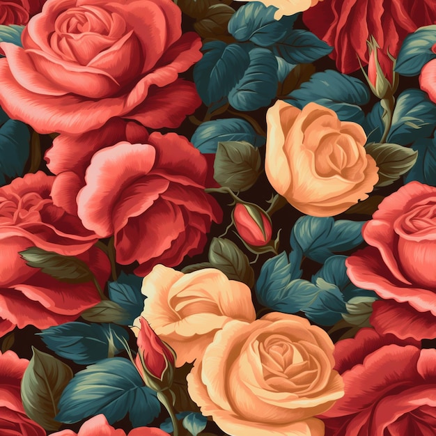 A floral wallpaper with a red and orange roses and leaves.