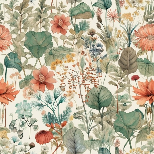 A floral wallpaper with a variety of flowers on it.