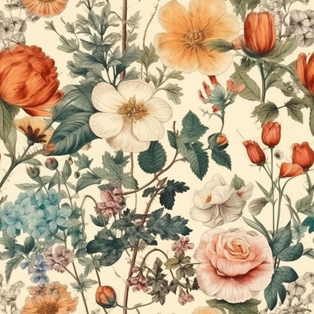 A floral wallpaper with a variety of flowers.