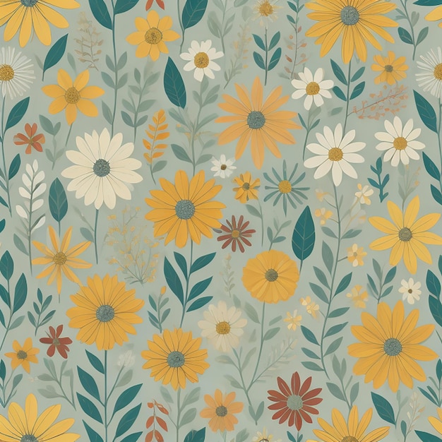 A floral wallpaper with yellow and orange flowers.