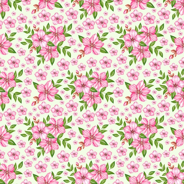 Floral watercolor pattern with pink cherry blossom