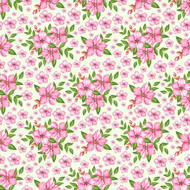 ピンクの桜と花の水彩画パターン