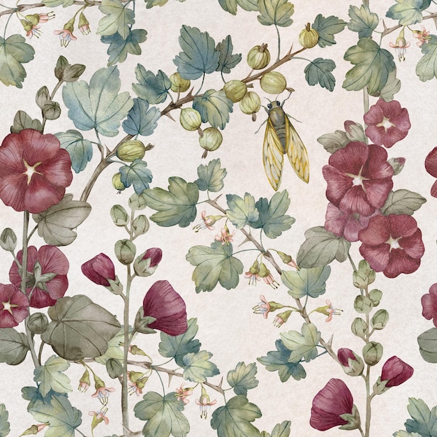 floral watercolor seamless pattern with garden plants mallows gooseberries and cicadas