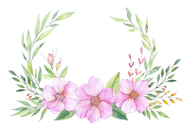 Corona floreale dell'acquerello con fiori rosa e foglie verdi