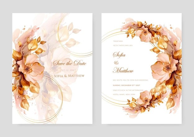 Floral wedding invitation template set with tosca and orange watercolor flower and leaves decoration Botanic card design concept