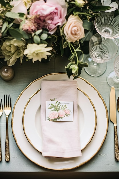 花の結婚式のテーブル装飾休日のテーブルスケープとディナー テーブル設定結婚披露宴家族のお祝いのフォーマル イベントの装飾英国のカントリーとホーム スタイルのインスピレーション