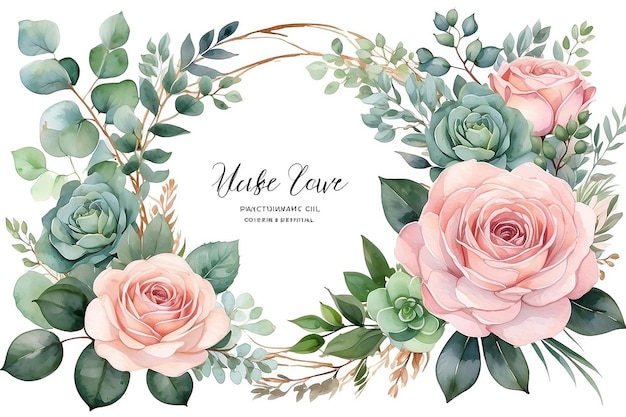 Цветочные свадебные векторные рамки Ручно окрашенные бледно-розовые розы эвкалиптовые ветви листья суккуленты на белом фоне Зелёное приглашение Акварельные стильные карты Изолированные и редактируемые