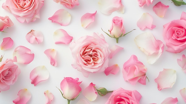 Floral white background made of pink roses flowers and petals Flat lay top view Conc Generative AI