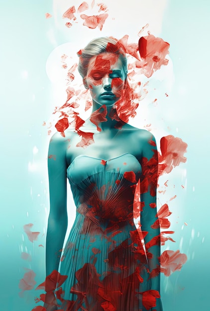 the floral woman is standing alone in a colored dress in the style of double exposure