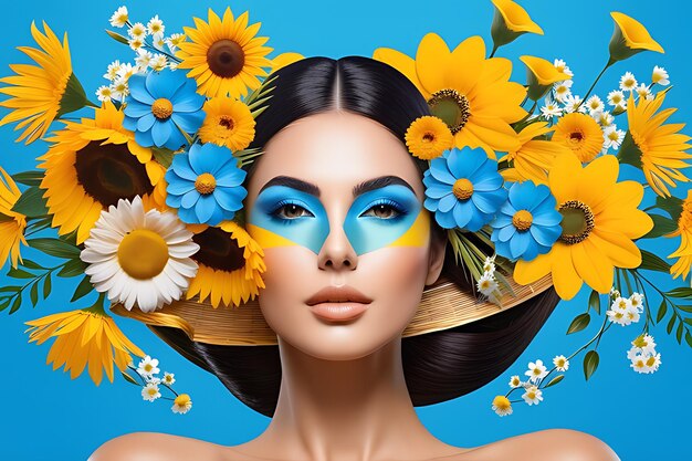 Floral woman in surreal blue background banner