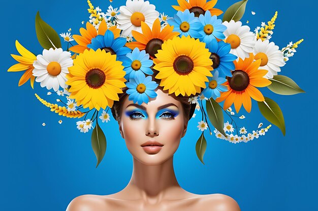 Floral woman in surreal blue background banner